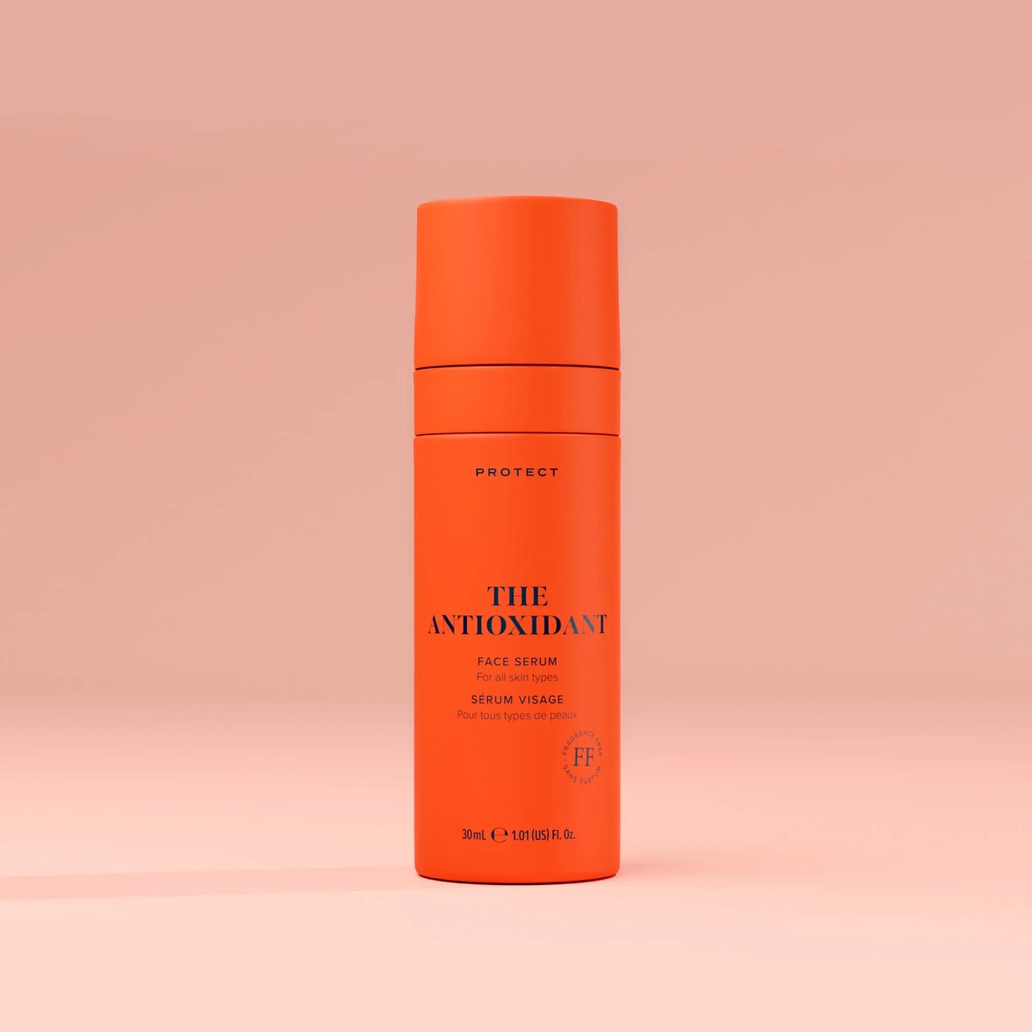 The Antioxidant daily pro-ageing protector skin care serum in orange glass refillable bottle, perfect for protecting skin against daily damage.
