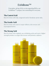 Skin Rocks by Caroline Hirons | Exfolitone™ skincare products with yellow bottles for gentle, control, and strong acid toners