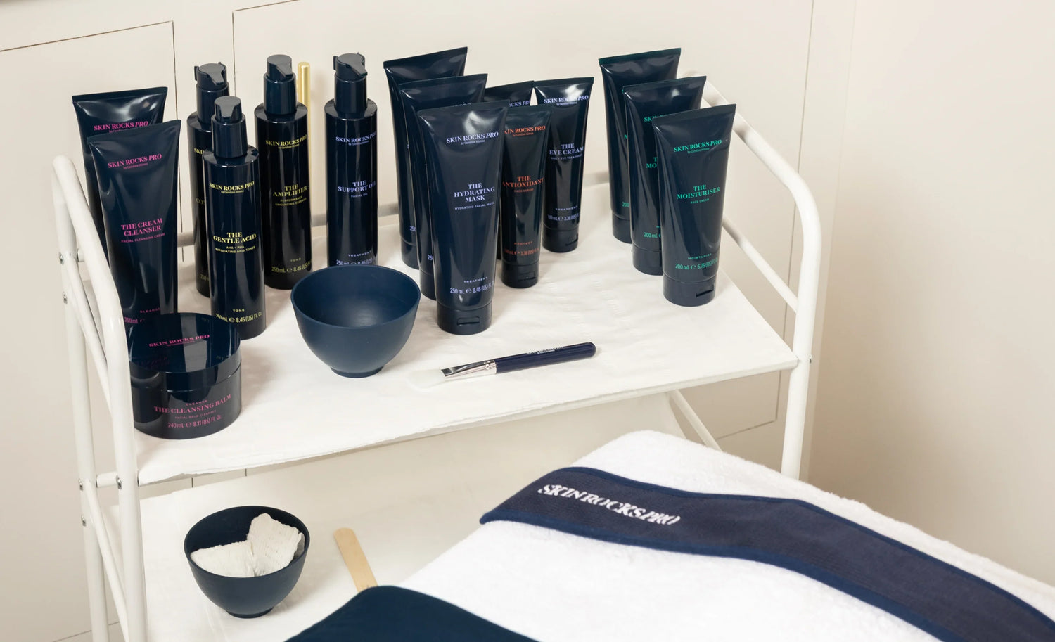 Skin Rocks by Caroline Hirons | Skincare products on a white cart with towels and tools