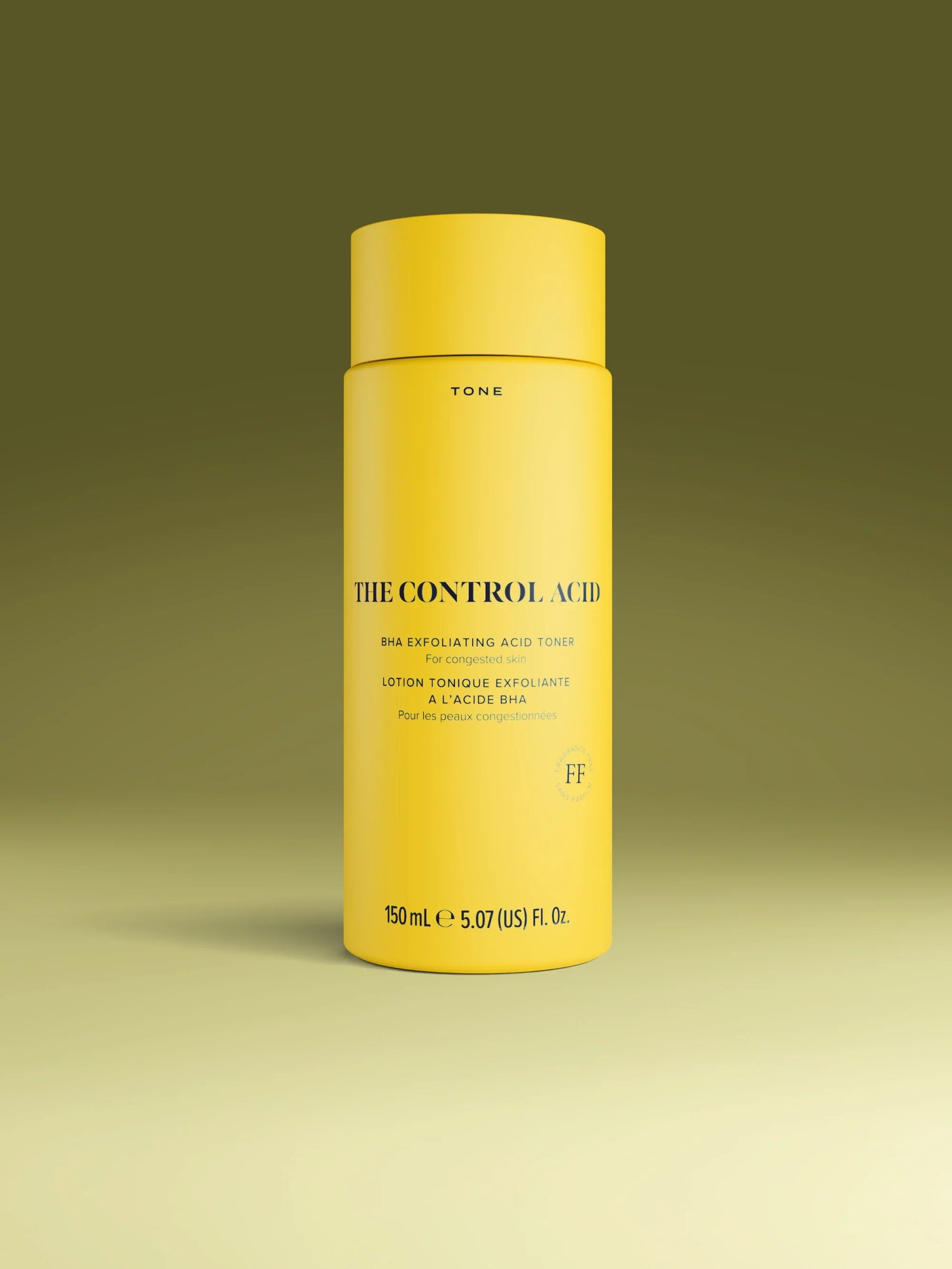 Yellow bottle labeled 'The Gentle Acid' from Skin Rocks on a matching yellow background