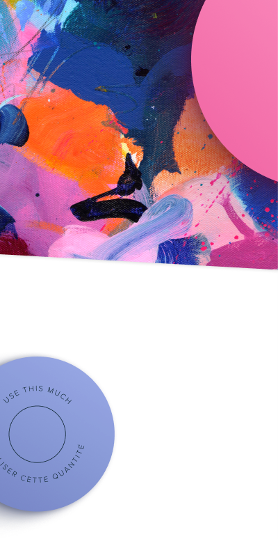 Abstract colorful painting with a purple circular graphic element containing text.